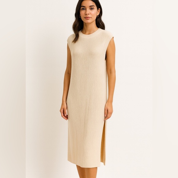 H&M Knit Cream Midi Dress Double Side Slit | Minimal Chic Cozy Fall - Picture 3 of 7